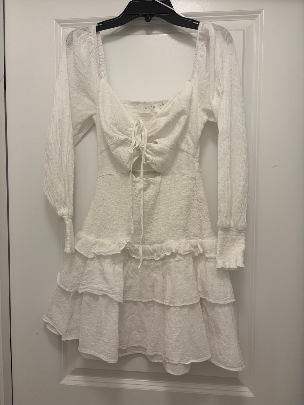 ASTR The Label White Swiss Dot Tie Front Smocked Long Sleeve Mini Dress Size S